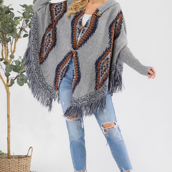 Oceanus Tribal Geometric Hooded Poncho with Fringe Women’s size Small - Picture 2 of 16